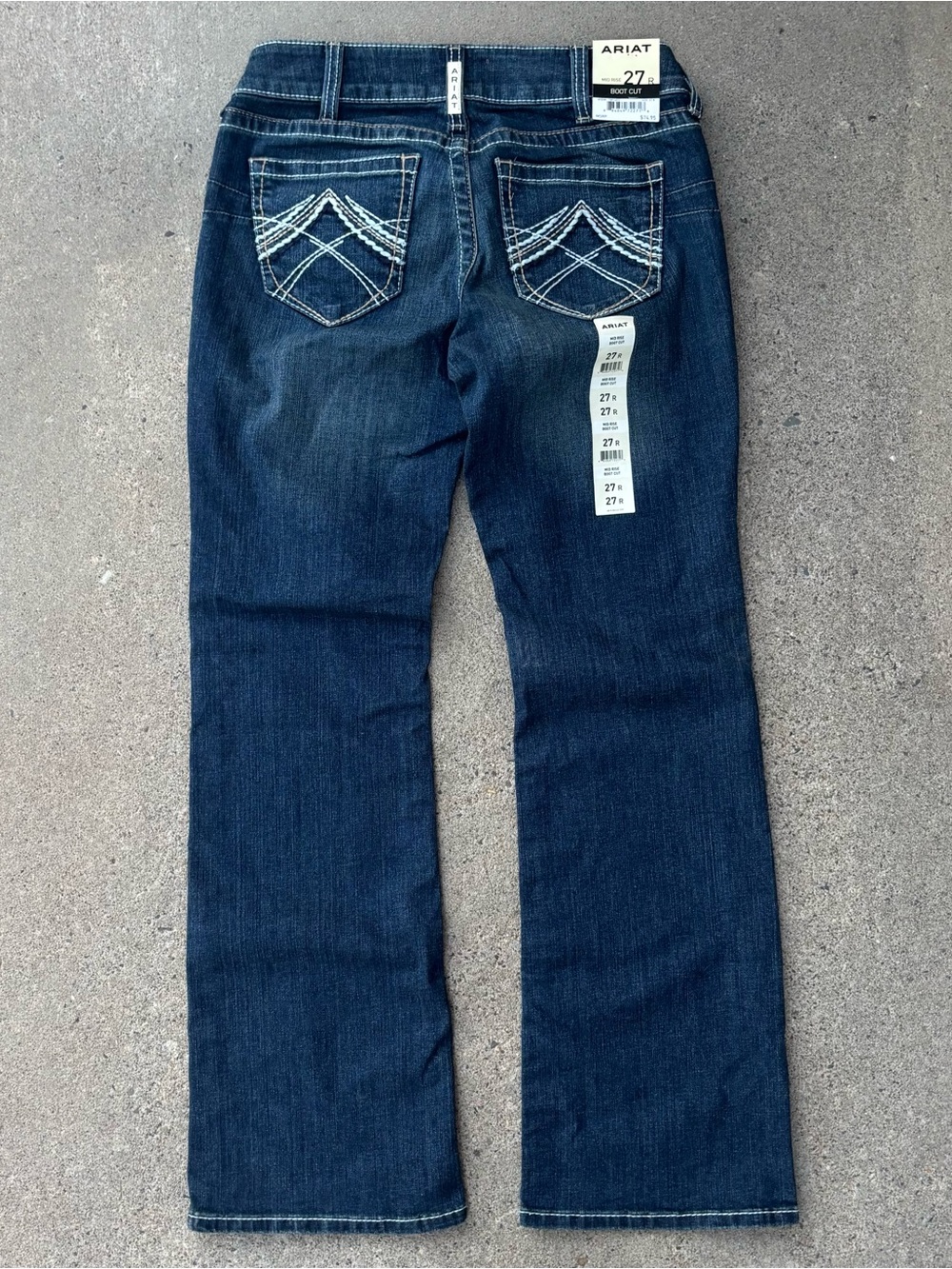 NWT Ariat REAL Mid Rise Bootcut Dark Wash Thick Stitch Jeans Womens 29R (30x30)